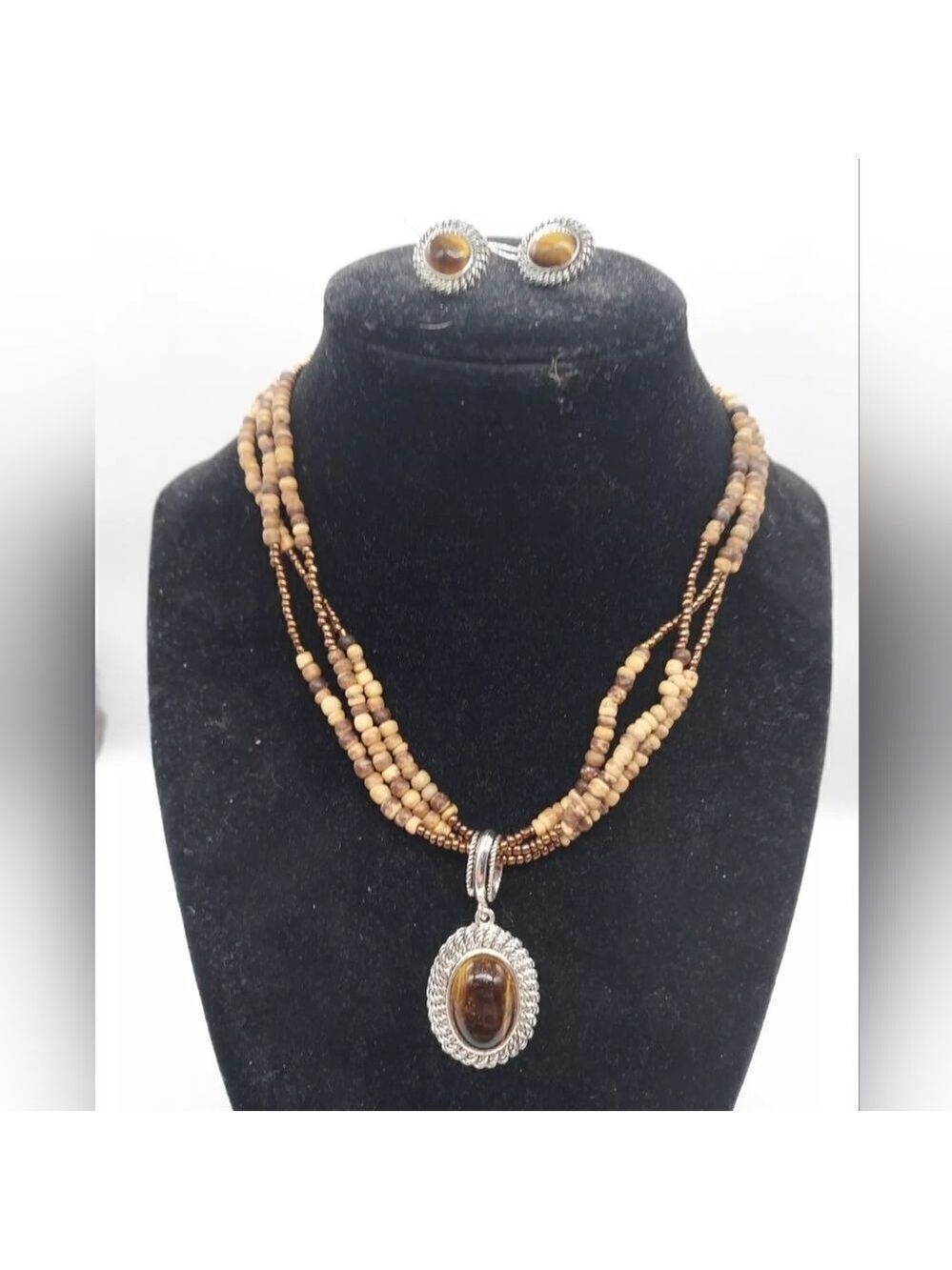 AVON BEAD AND TIGERS EYE MULTI STRAND NECKLACE & Earrings
